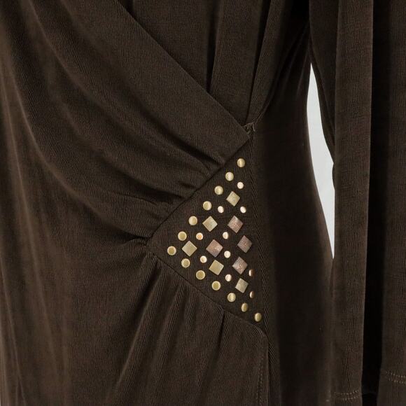 Chicos Travelers Top 1 Womens Medium 8 Brown Stretch Knit Blouse Faux Wrap Long - Picture 6 of 12